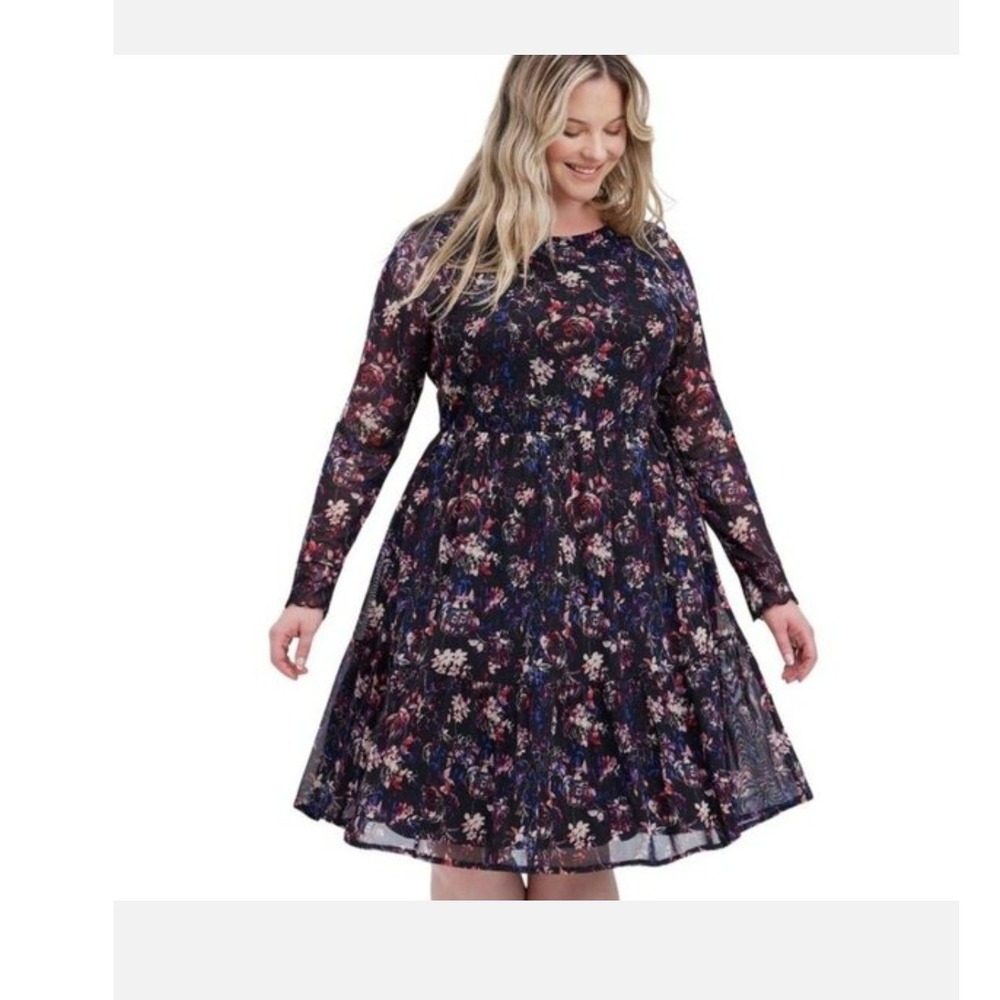 Torrid Womens Plus Size 4 Dark Floral Mesh Long Sleeve Tiered Mini Dress Black
